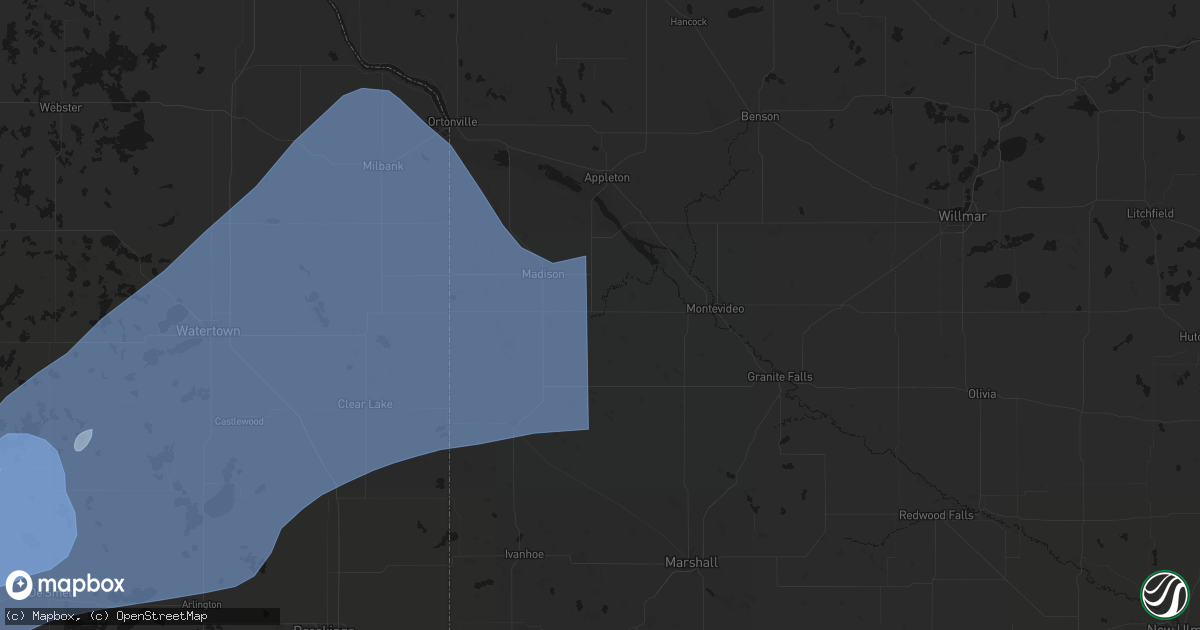 Hail map in Dawson, MN on July 2, 2026