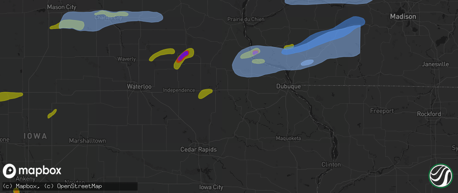 Hail map in Delhi, IA on July 2, 2026