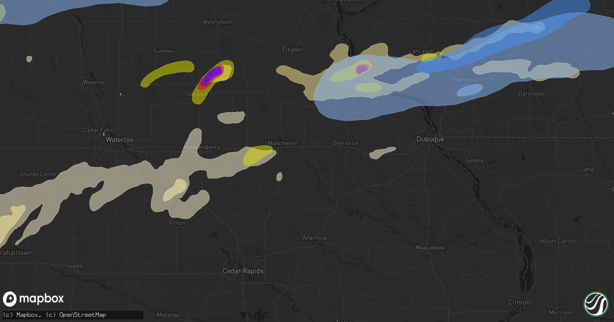 Hail map in Delhi, IA on July 2, 2026