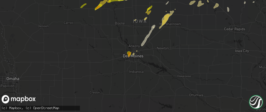 Hail map in Des Moines, IA on July 2, 2026