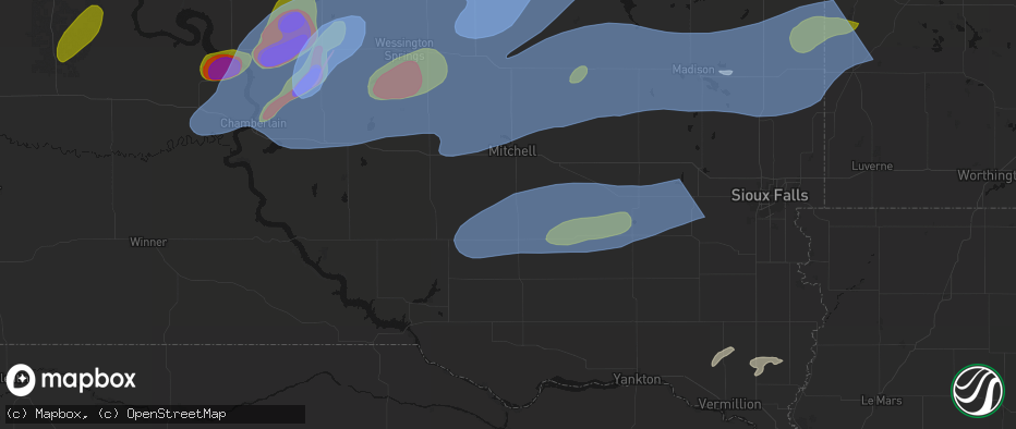 Hail map in Dimock, SD on July 2, 2026
