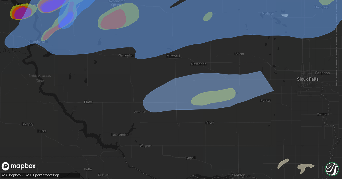 Hail map in Dimock, SD on July 2, 2026