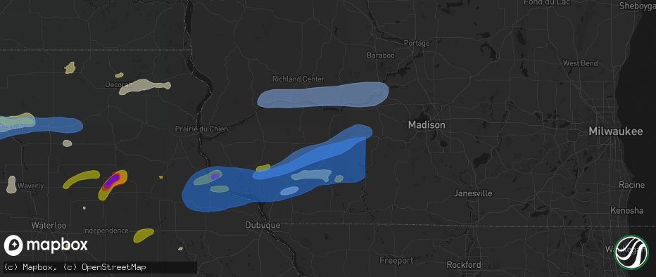 Hail map in Dodgeville, WI on July 2, 2026