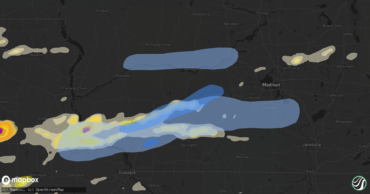 Hail map in Dodgeville, WI on July 2, 2026