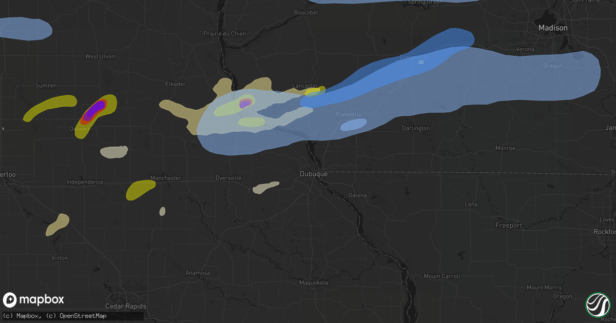 Hail map in Dubuque, IA on July 2, 2026