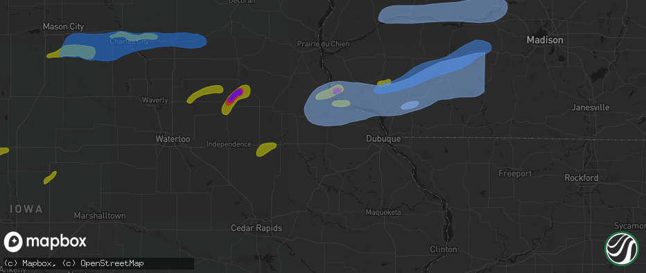 Hail map in Dyersville, IA on July 2, 2026