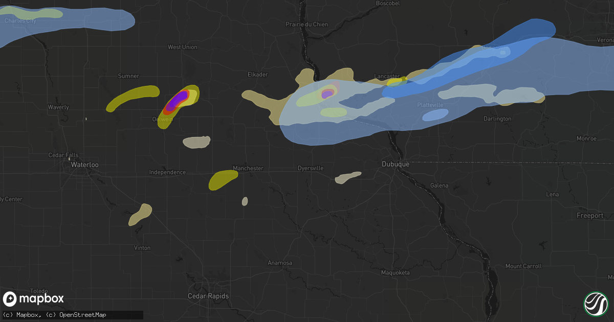 Hail map in Dyersville, IA on July 2, 2026