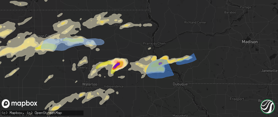 Hail map in Elkader, IA on July 2, 2026