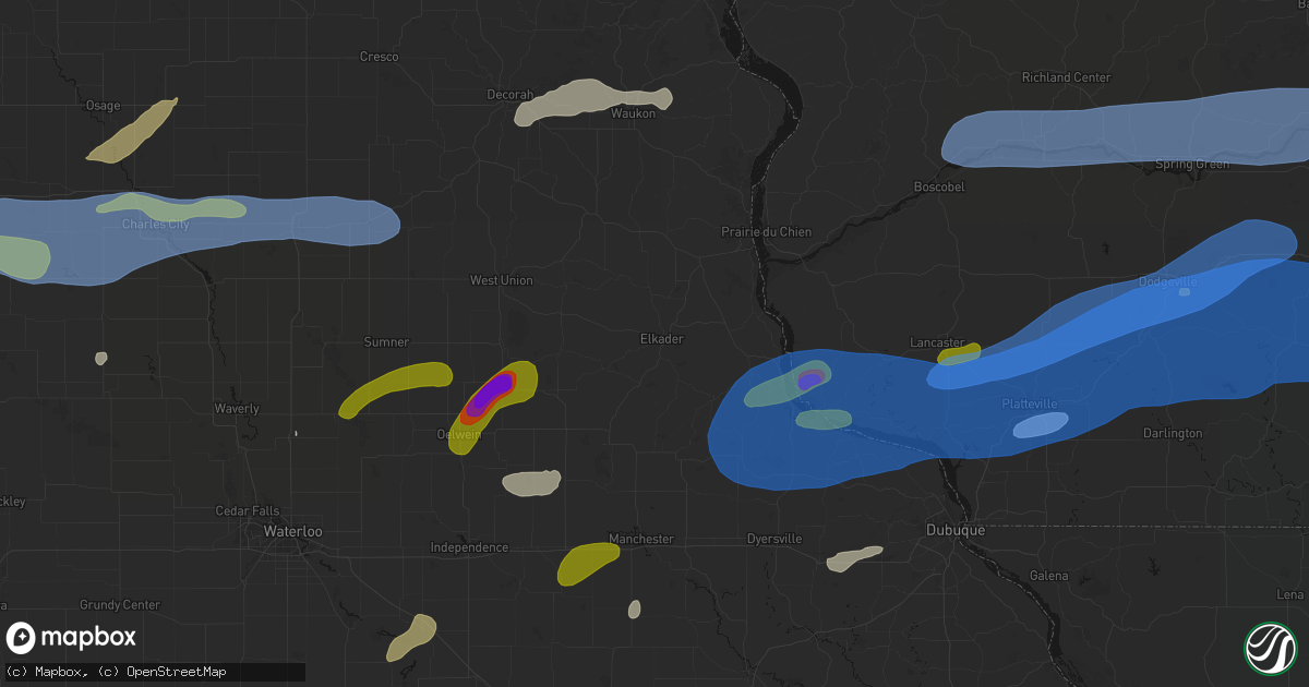 Hail map in Elkader, IA on July 2, 2026