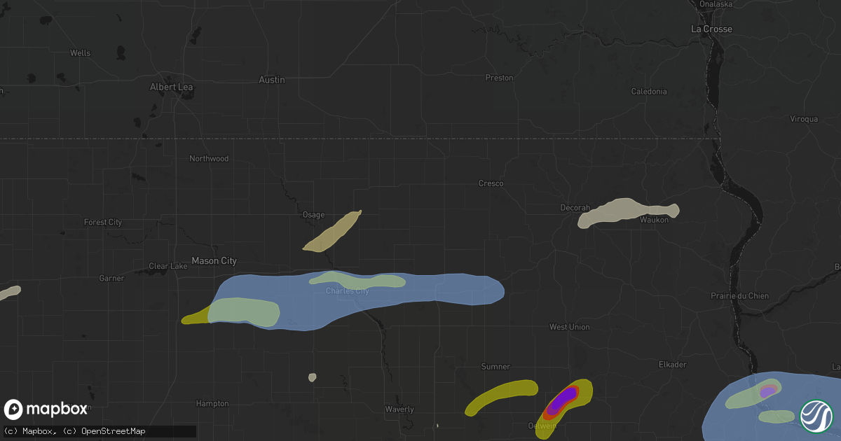 Hail map in Elma, IA on July 2, 2026