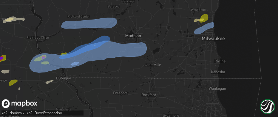 Hail map in Evansville, WI on July 2, 2026