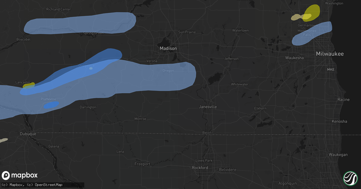 Hail map in Evansville, WI on July 2, 2026