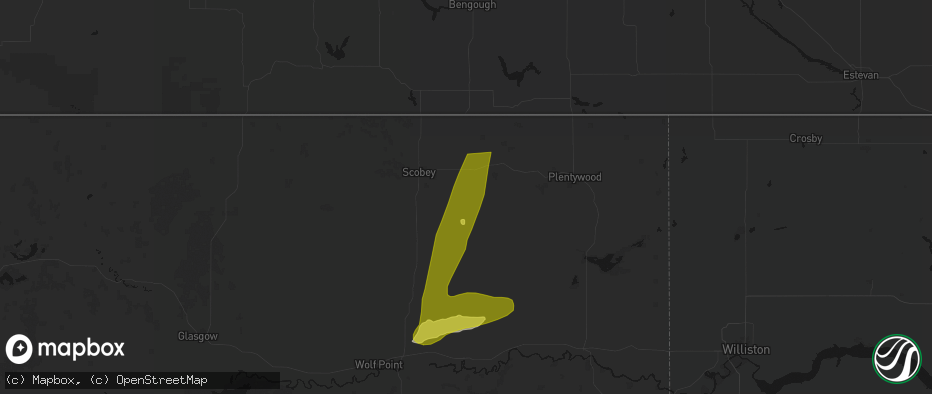 Hail map in Flaxville, MT on July 2, 2026