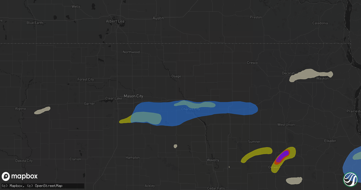Hail map in Floyd, IA on July 2, 2026