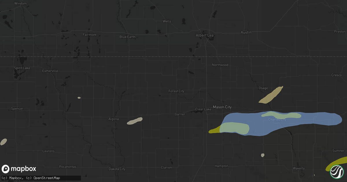 Hail map in Forest City, IA on July 2, 2026