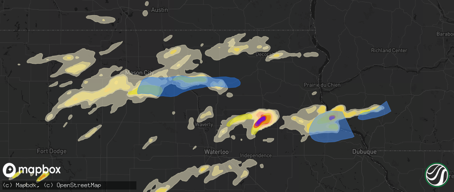 Hail map in Fredericksburg, IA on July 2, 2026