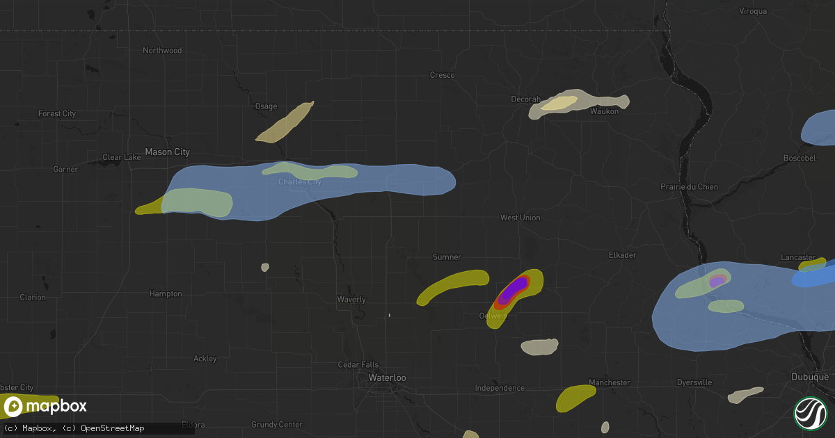 Hail map in Fredericksburg, IA on July 2, 2026