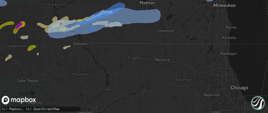 Hail map in Freeport, IL on July 2, 2026