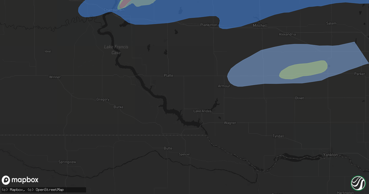 Hail map in Geddes, SD on July 2, 2026