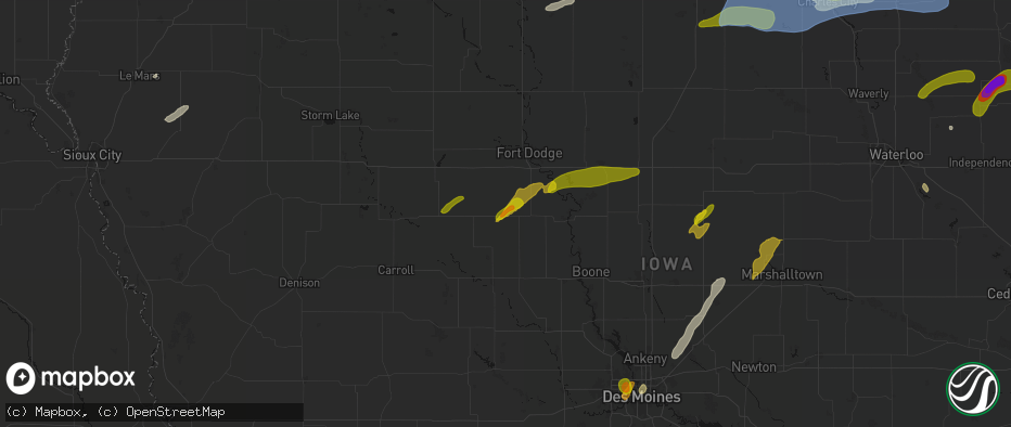 Hail map in Gowrie, IA on July 2, 2026