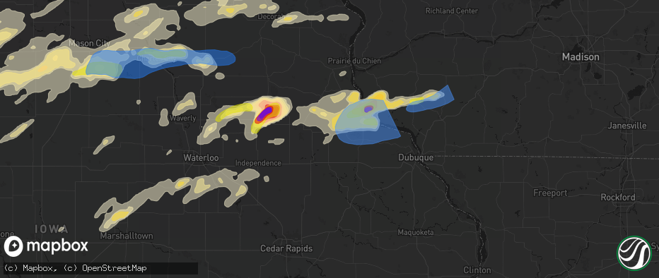 Hail map in Greeley, IA on July 2, 2026