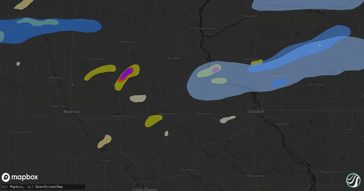 Hail map in Greeley, IA on July 2, 2026