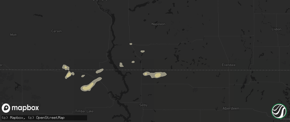 Hail map in Hague, ND on July 2, 2026