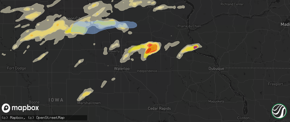 Hail map in Hazleton, IA on July 2, 2026