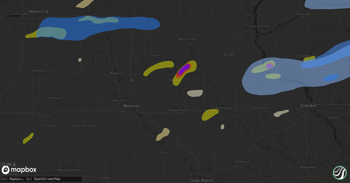 Hail map in Hazleton, IA on July 2, 2026