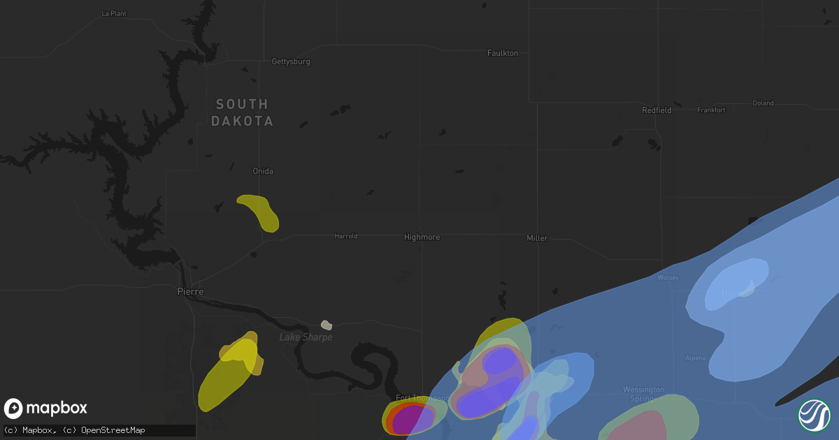 Hail map in Highmore, SD on July 2, 2026