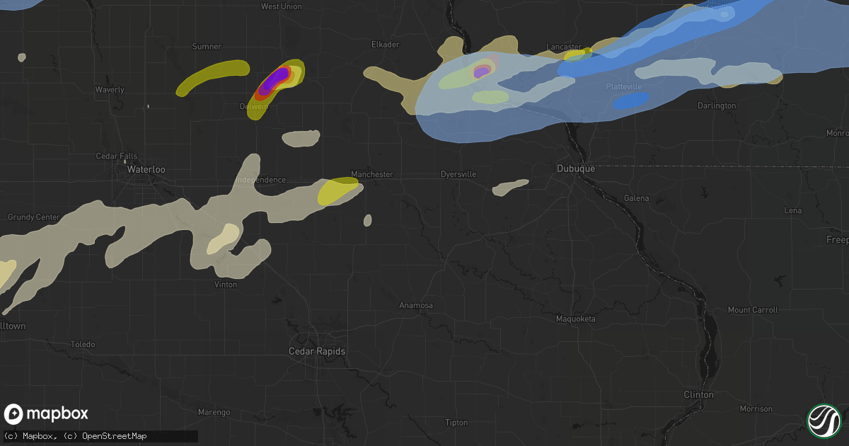 Hail map in Hopkinton, IA on July 2, 2026