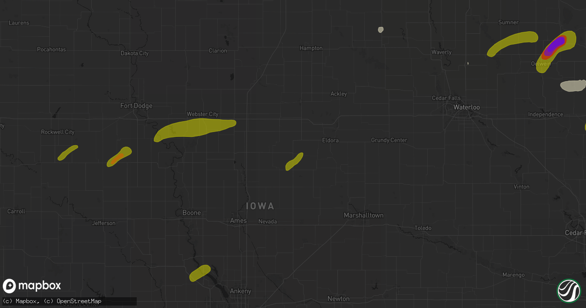 Hail map in Hubbard, IA on July 2, 2026