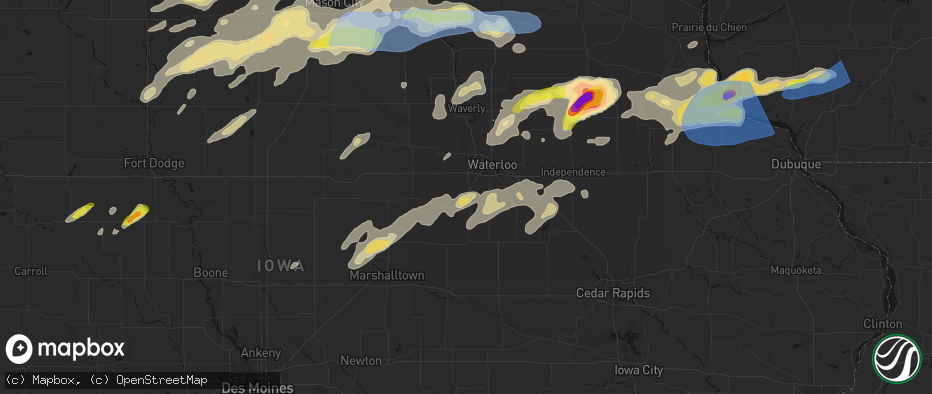 Hail map in Hudson, IA on July 2, 2026