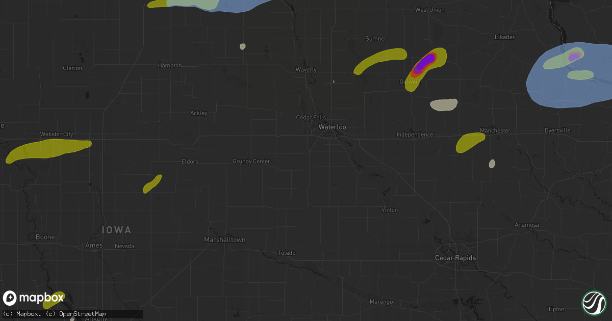 Hail map in Hudson, IA on July 2, 2026