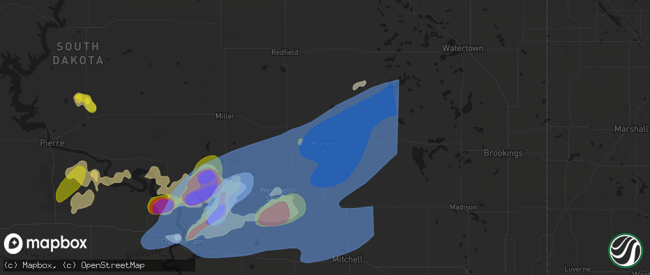 Hail map in Huron, SD on July 2, 2026