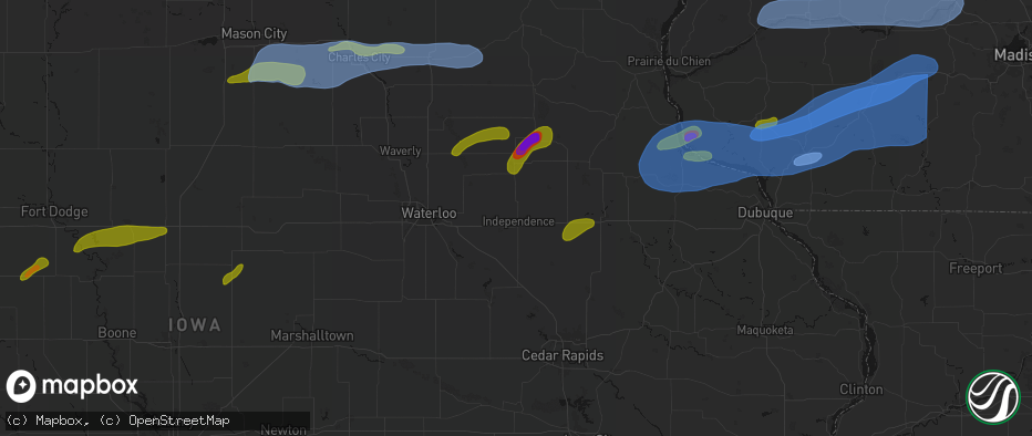 Hail map in Independence, IA on July 2, 2026