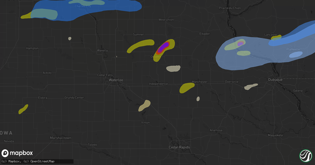 Hail map in Independence, IA on July 2, 2026
