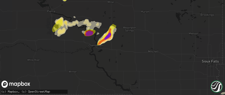 Hail map in Kimball, SD on July 2, 2026