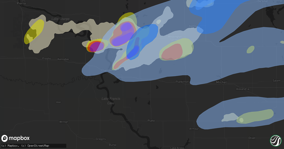 Hail map in Kimball, SD on July 2, 2026