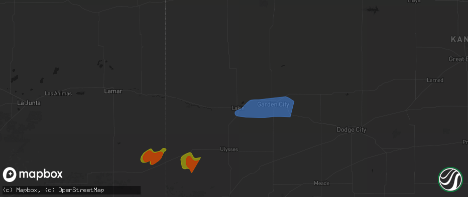 Hail map in Lakin, KS on July 2, 2026