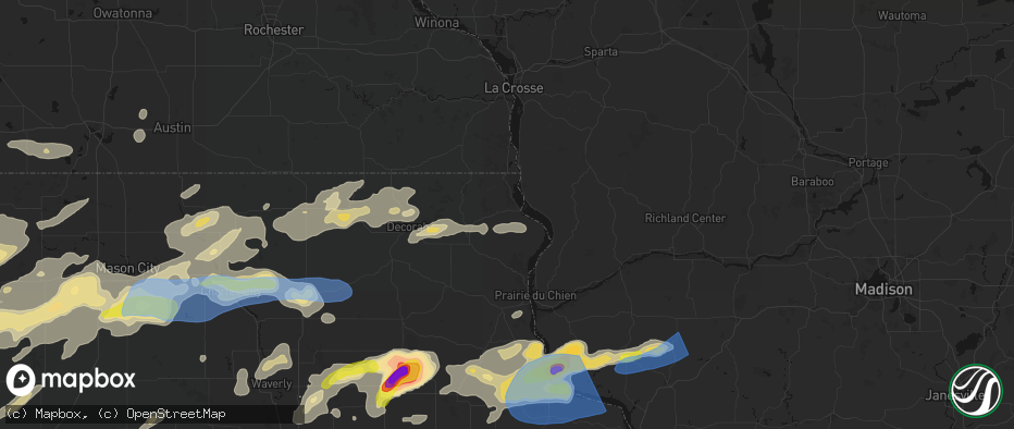 Hail map in Lansing, IA on July 2, 2026