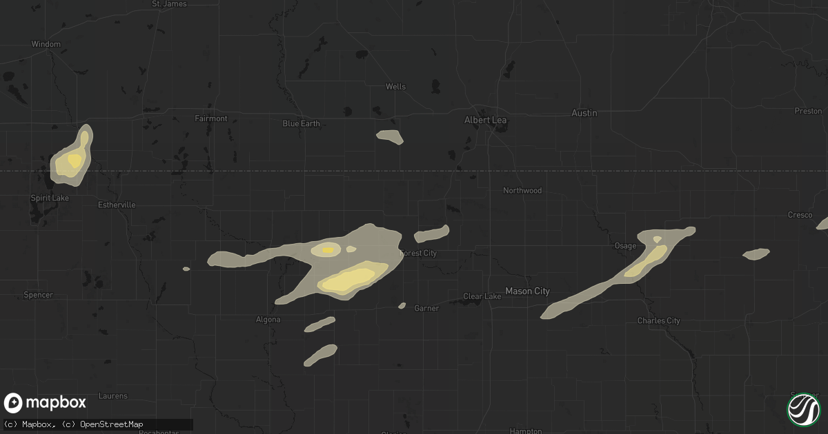 Hail map in Leland, IA on July 2, 2026