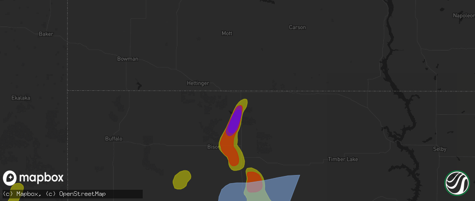 Hail map in Lemmon, SD on July 2, 2026