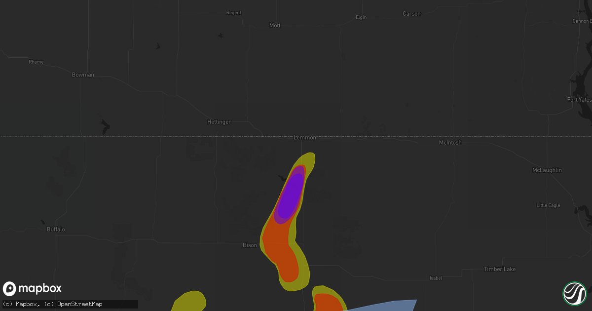 Hail map in Lemmon, SD on July 2, 2026