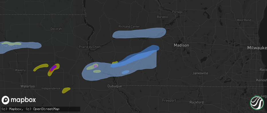 Hail map in Linden, WI on July 2, 2026