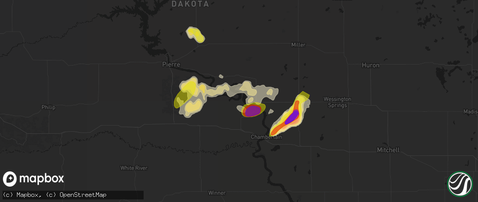 Hail map in Lower Brule, SD on July 2, 2026