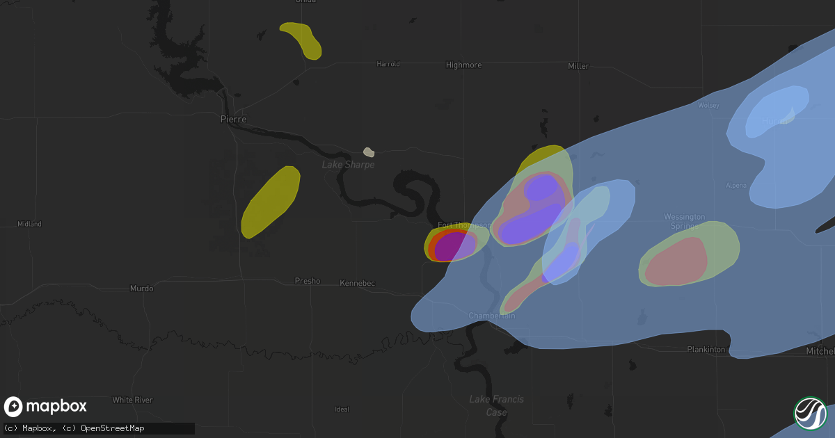 Hail map in Lower Brule, SD on July 2, 2026