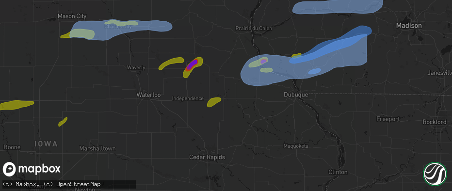 Hail map in Manchester, IA on July 2, 2026