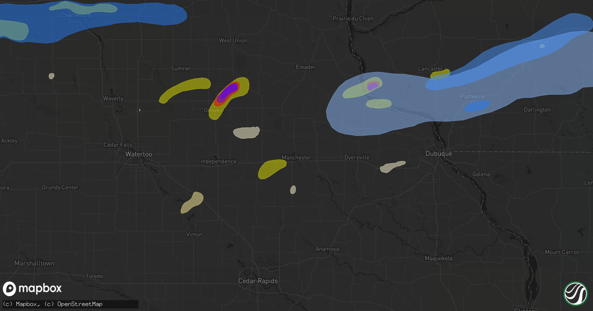 Hail map in Manchester, IA on July 2, 2026