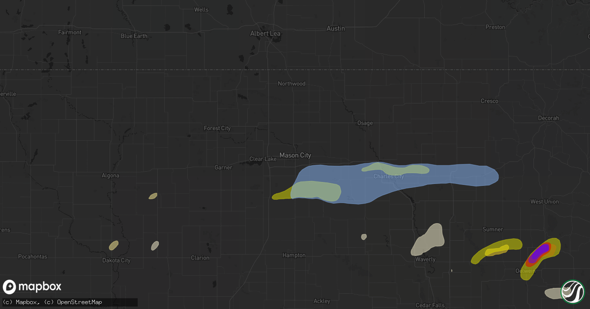 Hail map in Mason City, IA on July 2, 2026